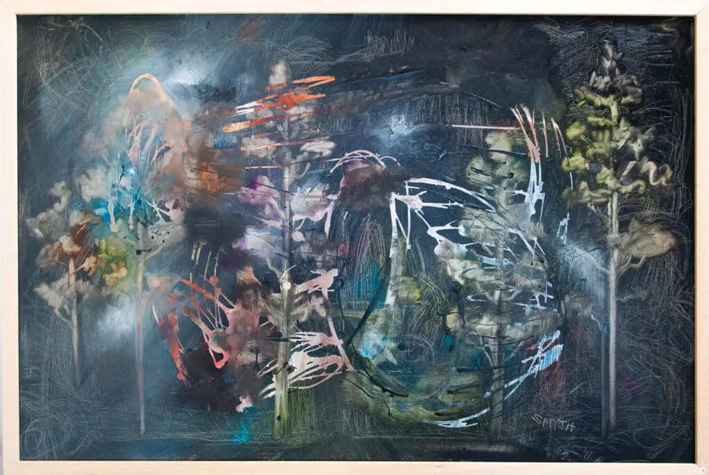 Night-time trees in a blue satin dress - an oil painting by Sinéad Smyth