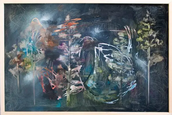 Night-time trees in a blue satin dress - an oil painting by Sinéad Smyth